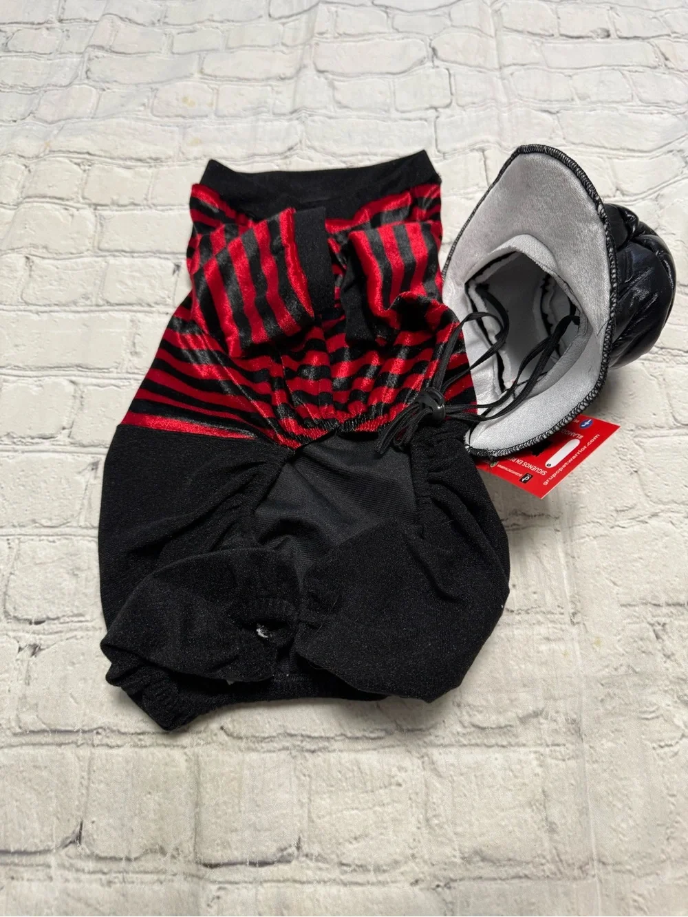 Pet Warrior Dog Red and Black Striped Costume with Black Hat. Halloween costume.